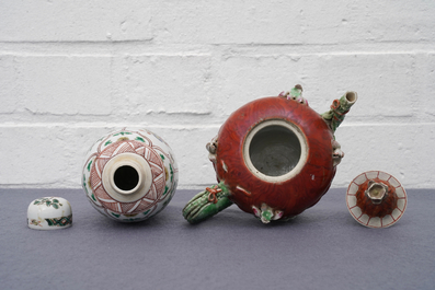 Four Chinese famille rose, verte and Imari-style teapots and a tea caddy, Kangxi and later