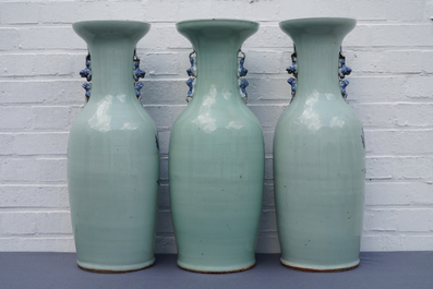 Three Chinese blue and white celadon-ground vases, 19th C.
