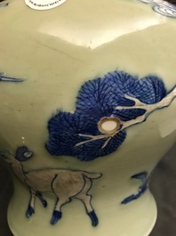 Een Chinese celadon vaas met blauw-wit en onderglazuur rood decor, Kangxi