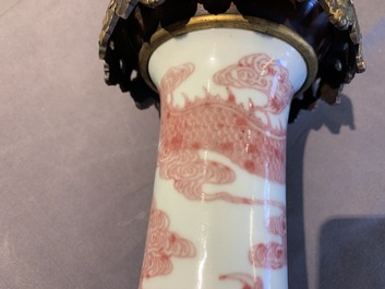 A Chinese underglaze red bottle-shaped 'dragon' vase with gilt-bronze mounts, 18/19th C.