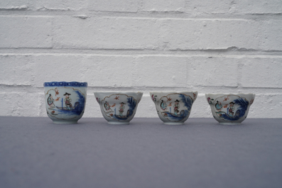 Vier Chinese famille rose koppen, drie schotels en een bord, Qianlong