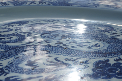 A massive Chinese blue and white 'dragon' dish, Kangxi