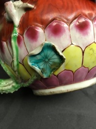 Four Chinese famille rose, verte and Imari-style teapots and a tea caddy, Kangxi and later