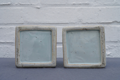 A pair of square Chinese blue and white 'immortals' tea caddies, Wanli
