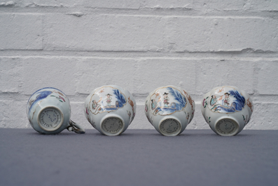 Vier Chinese famille rose koppen, drie schotels en een bord, Qianlong