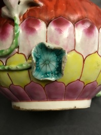 Four Chinese famille rose, verte and Imari-style teapots and a tea caddy, Kangxi and later