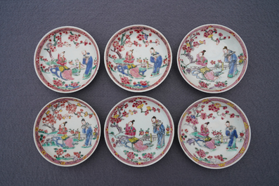 Zes Chinese famille rose koppen en schotels, Yongzheng