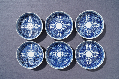 Twelve Chinese blue and white cups and saucers, 19th C.
