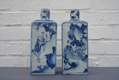 A pair of square Chinese blue and white 'immortals' tea caddies, Wanli