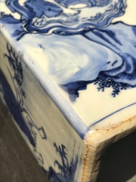 A pair of square Chinese blue and white 'immortals' tea caddies, Wanli
