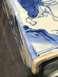 A pair of square Chinese blue and white 'immortals' tea caddies, Wanli