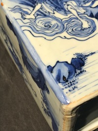 A pair of square Chinese blue and white 'immortals' tea caddies, Wanli