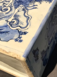 A pair of square Chinese blue and white 'immortals' tea caddies, Wanli