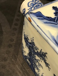 A pair of square Chinese blue and white 'immortals' tea caddies, Wanli