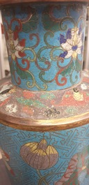 A Chinese cloisonn&eacute; rouleau vase and four jardini&egrave;res, 19/20th C.