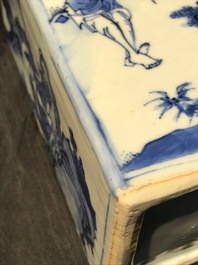 A pair of square Chinese blue and white 'immortals' tea caddies, Wanli