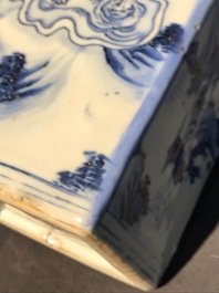 A pair of square Chinese blue and white 'immortals' tea caddies, Wanli