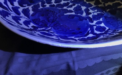 Een Chinese blauw-witte schotel met vruchten in gebladerte, Kangxi