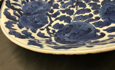 Een Chinese blauw-witte schotel met vruchten in gebladerte, Kangxi