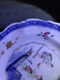 Vier Chinese famille rose koppen, drie schotels en een bord, Qianlong
