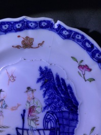 Vier Chinese famille rose koppen, drie schotels en een bord, Qianlong