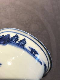 Een Chinese blauw-witte stem cup met landschapsdecor, Transitie periode