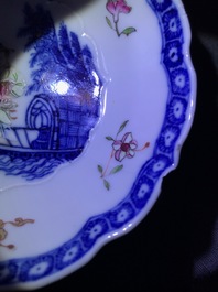 Vier Chinese famille rose koppen, drie schotels en een bord, Qianlong