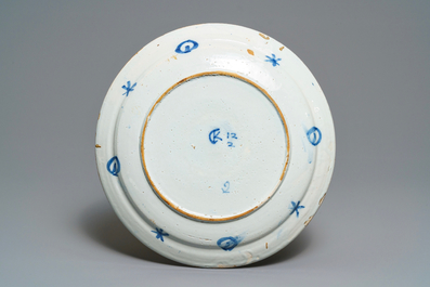 Two Dutch Delft blue and white chinoiserie dishes, 17/18th C.