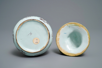 Een polychrome Delftse botervloot met een groentenverkoopster, 18e eeuw