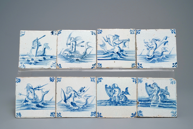 39 blauw-witte Delftse tegels met schepen en zeewezens, Gent, 17e eeuw