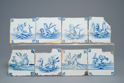 39 blauw-witte Delftse tegels met schepen en zeewezens, Gent, 17e eeuw