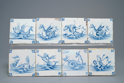 35 blauw-witte Delftse tegels met schepen en zeewezens, Gent, 17e eeuw