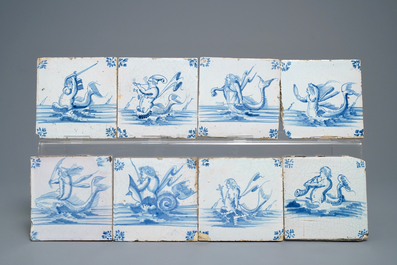 35 blauw-witte Delftse tegels met schepen en zeewezens, Gent, 17e eeuw