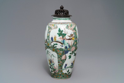A Chinese famille verte vase with landscape medallions, Kangxi