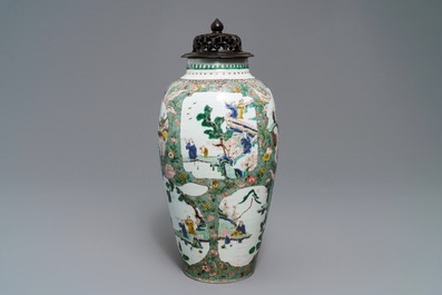 A Chinese famille verte vase with landscape medallions, Kangxi