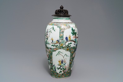 A Chinese famille verte vase with landscape medallions, Kangxi