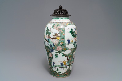 A Chinese famille verte vase with landscape medallions, Kangxi