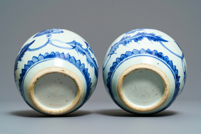 A pair of Chinese blue and white jars with floral design, Kangxi