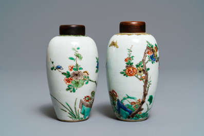 Two Chinese famille verte vases with birds on blossoming branches, Kangxi