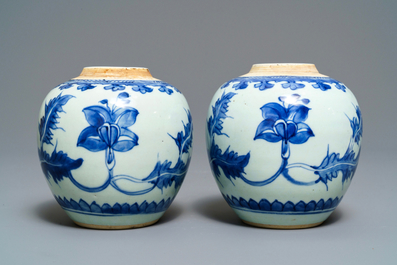 A pair of Chinese blue and white jars with floral design, Kangxi