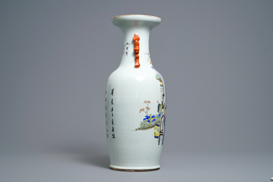 A Chinese qianjiang cai vase with women around a table, signed Yan Bing Jun, dated 1913