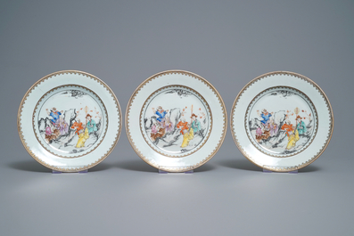 Seven Chinese famille rose plates with Luohan near a tiger, Qianlong