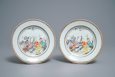 Seven Chinese famille rose plates with Luohan near a tiger, Qianlong