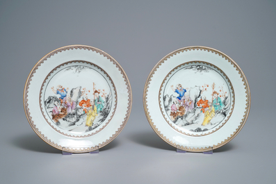 Seven Chinese famille rose plates with Luohan near a tiger, Qianlong