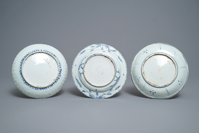 Three Chinese blue and white kraak porcelain 'deer' and 'prunus' plates, Wanli