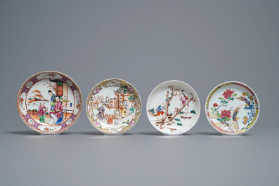 Eight Chinese famille rose cups and saucers, Yongzheng/Qianlong
