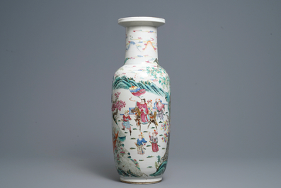 A Chinese famille rose rouleau vase, 19th C.