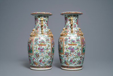 A pair of Chinese Canton famille rose vases and a bowl, 19th C.