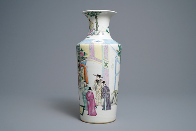 A Chinese famille rose rouleau 'court scene' vase, 19th C.