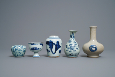 Three Chinese blue and white vases, a brush washer and a stem cup, Ming and later